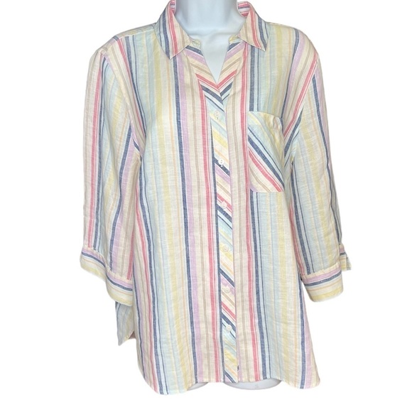 Chico’s pastel stripe no iron 3/4 sleeve button down linen shirt size large - Picture 5 of 6